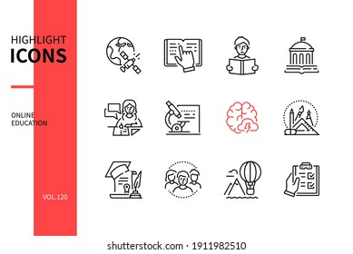 Online education - line design style icons set. E-learning, educational courses idea. Discover, books, homework, library, lessons, research, brainstorming, tools, degree, groups, explore, tests