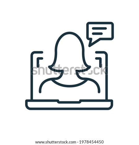 Online Education Line Icon. Distant Education, E-learning, Online Webinar and Consultation. Online Training Linear Icon. Teacher and Laptop pictogram. Editable stroke. Vector illustration.