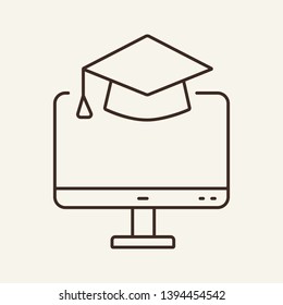 Online education line icon. Graduation cap, computer, internet. Course concept. Can be used for topics like achievement, technology, digital service 