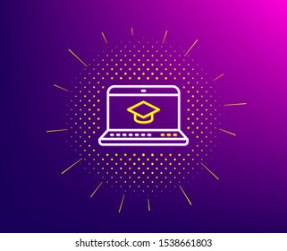 Online Education line icon. Halftone pattern. Notebook or Laptop sign. Graduation cap symbol. Gradient background. Website Education line icon. Yellow halftone pattern. Vector