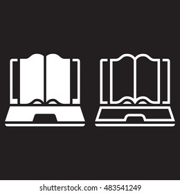 online education line icon, laptop with book outline and solid vector sign, linear and full pictogram isolated on black, logo illustration
