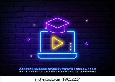 Online Education line icon. Neon laser lights. Notebook or Laptop sign. Graduation cap symbol. Glow laser speech bubble. Neon lights chat bubble. Banner badge with website Education icon. Vector