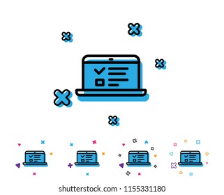 Online Education line icon. Notebook or Laptop sign. Web Presentation or Internet Lectures symbol. Line icon with geometric elements. Bright colourful design. Vector
