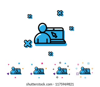 Online Education line icon. Notebook or Laptop with mouse cursor sign. Internet Lectures symbol. Line icon with geometric elements. Bright colourful design. Vector