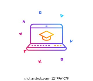 Online Education line icon. Notebook or Laptop sign. Graduation cap symbol. Gradient line button. Website Education icon design. Colorful geometric shapes. Vector