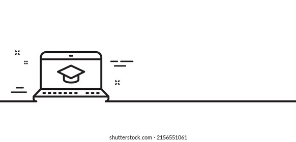 Online Education line icon. Notebook or Laptop sign. Graduation cap symbol. Minimal line illustration background. Website Education line icon pattern banner. White web template concept. Vector