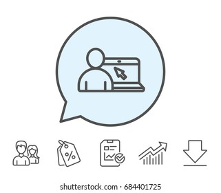 Online Education line icon. Notebook or Laptop with mouse cursor sign. Internet Lectures symbol. Report, Sale Coupons and Chart line signs. Download, Group icons. Editable stroke. Vector