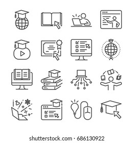 Online Education Line Icon Set. Included The Icons As E-learning, Books, Student, Course, School And More.