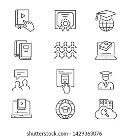 Online education line icons. Set of education, webinar, distance, student and more. Vector illustration isolated for graphic and web design. Editable stroke.