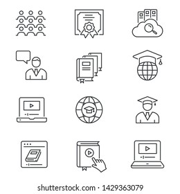 Online education line icons. Set of education, webinar, distance, student, training and more. Vector illustration isolated for graphic and web design. Editable stroke.