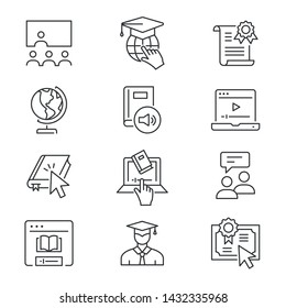 Online education line icons. Set of education, webinar, distance, student, training and more. Vector illustration isolated for graphic and web design. Editable stroke.