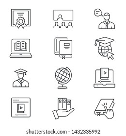 Online education line icons. Set of education, webinar, distance, graduation cap, training and more. Vector illustration isolated for graphic and web design. Editable stroke.