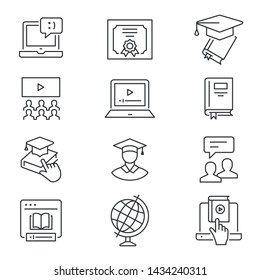 Online education line icons. Set of education, webinar, distance, student, training and more. Vector illustration isolated for graphic and web design. Editable stroke.