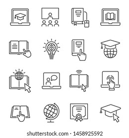 Online Education Line Icons. Set Of Webinar, Training, Study, University, Elearning And More. Vector Illustration Isolated For Graphic And Web Design. Editable Stroke.