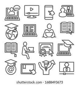 Symbole für Online-Bildungsleitungen auf weißem Hintergrund