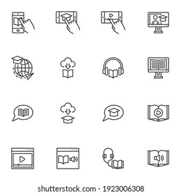 Online education line icons set, e-learning outline vector symbol collection, linear style pictogram pack. Signs, logo illustration. Set includes icons as audio book, mobile learning, video tutorials