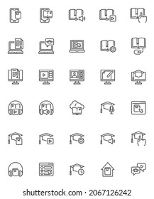 Online education line icons set. linear style symbols collection, outline signs pack. E-learning vector graphics. Set includes icons as home distance learning, e-book reading, audio book, online exam