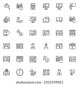 Online education line icons set. E-learning linear style symbols collection, outline signs pack. Distance learning vector graphics. Set includes icons as education plan, video tutorial, e-book reading