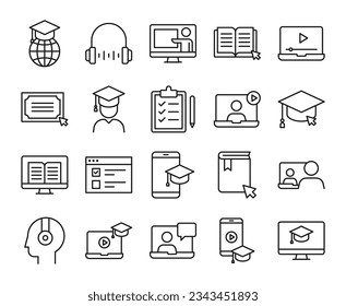 Online education line icons set vector illustration. editable stroke