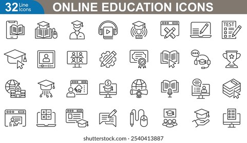 Conjunto de ícones de linha de Treinamento Online. E-learning, escola, palestra, ao vivo, tarefas, exames, webinars e muito mais. ilustração vetorial.