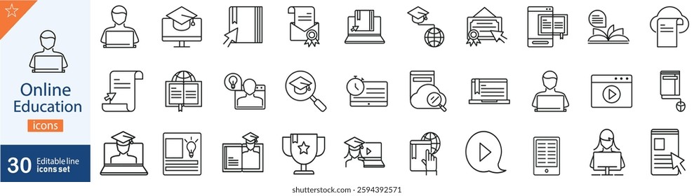 Online Education Line Icons Set. Collection of 30 outline icons representing e-learning, virtual classes, digital courses, remote study, and academic technology. Editable stroke. vector illustration.
