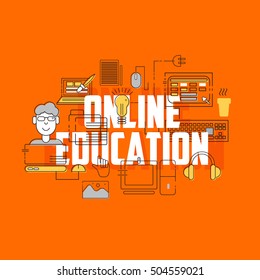 Online education line icons set. Flat style icons for education, online education, online learning. Thin flat design icons of laptop, computer, headphones and other elements.