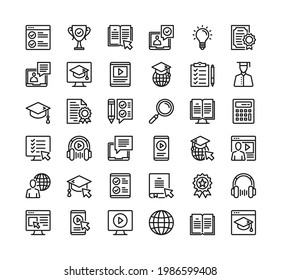 Online education line icons. Vector thin line design. Elearning, digital learning, video tutorials concepts. Premium quality. Modern elements, simple outline symbols. Vector online education icons set