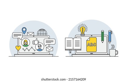 Online education line symbols set. Laptop computer, light bulb and book. E-learning, distant school vector illustration