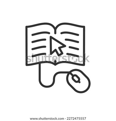 Online education, linear icon, reading a book online, book and mouse cursor. Line with editable stroke