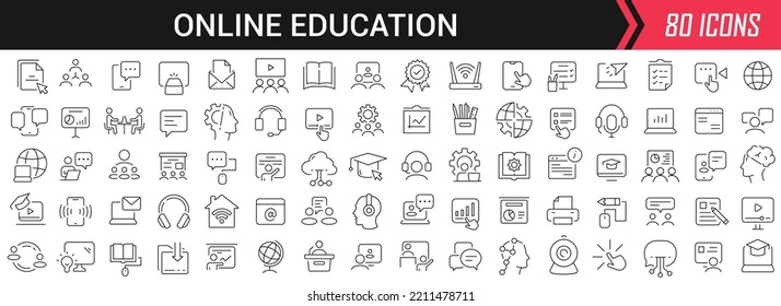 Online education linear icons in black. Big UI icons collection in a flat design. Thin outline signs pack. Big set of icons for design