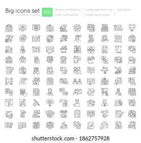 Online education linear icons set. Virtual training. Remote work and study. Creative process. Customizable thin line contour symbols. Isolated vector outline illustrations. Editable stroke