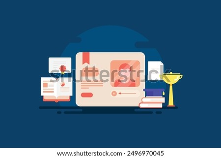 Online education live video steaming, Online classes, Online certification, Distance learning, watching online tutorial videos - vector illustration background with icons