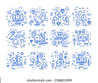 Online education, logical thinking and self-education. Set of vector linear icons.