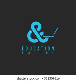 Online Education Logo, Concept University Learning Technology In Network, Silhouette Student In View Ampersand With Laptop