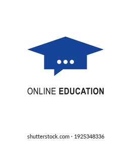 Plantilla de diseño del logotipo de educación en línea. Tapa de graduación con emblema de chat de iconos para cursos digitales, clases e ilustraciones vectoriales de escuelas. Empresa de negocios, universidad en línea y concepto de aprendizaje.