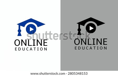 Online education logo design template vector. Graduation cap and play button symbol for e-learning website, virtual classroom, video tutorial, and digital academic brand identity.