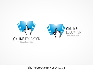 Online education logo. Pixel hand, reading symbol, icon set. Internet school sign concept. E-reader or e-library, company logotype. Isolated abstract graphic design template. Creative corporate emblem