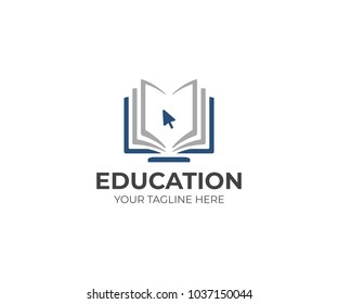 Online education logo template. Distance learning vector design. Computer monitor and open book illustration