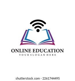 Online education logo template. Distance learning vector design. Open book illustration and Wi-Fi signal.