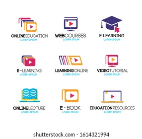 Online education logotype set isolated on white background with book and computer for on-line school, internet e-learning center and graduation concept, distant courses and training. Vector 10 eps