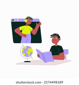 Online Education With A Male Student And Virtual Instructor In Flat Vector Illustration Symbolizing Distance Learning, Technology, And Global Knowledge, Isolated On White Background