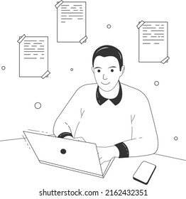 Online-Bildung. Ein Mann sitzt an einem Computer und studiert. Schwarz-Weiß-Illustration