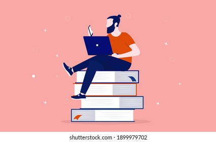 Online Education - Man Sitting On Books With Laptop And Smartphone Browsing Internet. Learning, Gaining Knowledge And Self Improvement Concept. Vector Illustration.