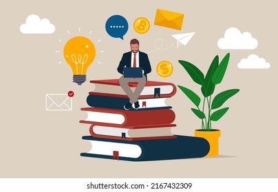 Online education. Man sitting on pile of books. Concept illustration of online courses, distance studying, self education, digital library. E-learning banner. 