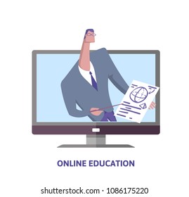 Online education. Man in suit pointing at educational poster from computer monitor. Teacher on the screen. Webinar, e-learning. Concept vector illustration. Flat style. Isolated on white background.