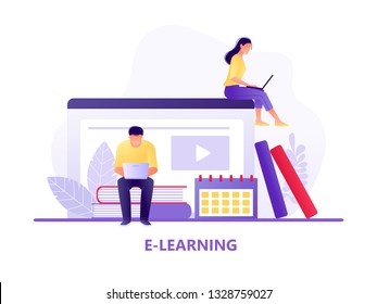 Online education. Man and woman sitting near books with laptops. E-learning, online teaching, courses. Flat concept vector illustration for web page, website and mobile