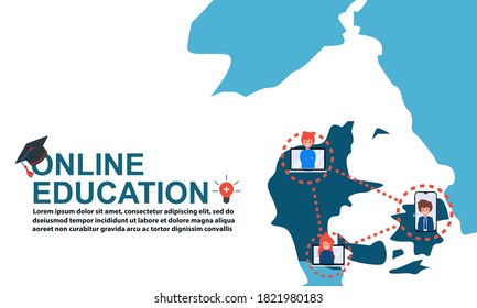 Online education with Map of Denmark and ad distance course tutorials and study slogans anywhere anytime Free Vector