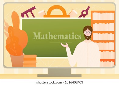 Curso de matemáticas de educación en línea, profesor que explica álgebra y geometría, aprendizaje a distancia desde el hogar a través de Internet, concepto de tutoría de vídeo