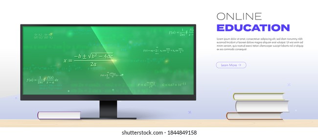 Online education. Math formulas on large-format screen. Training programs on internet. Monitor and stack of books. Vector template 3d illustration.