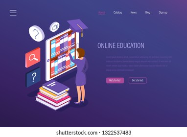 Online education. Media book library, e-learning, seminars, university studies, knowledge acquisition. Reading an e-book from archive of books. Electronic library, knowledge base. Isometric vector.